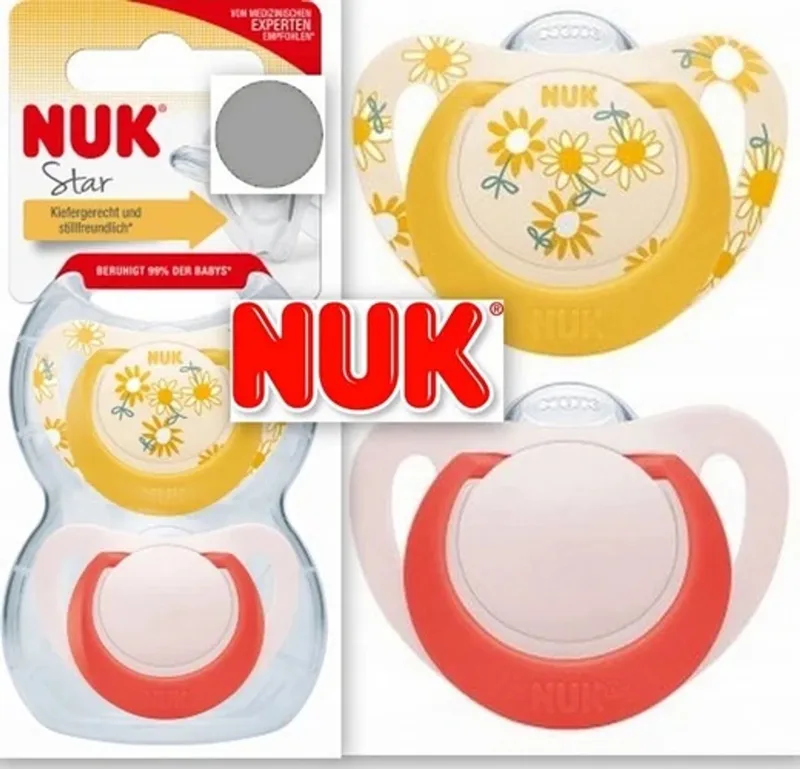 Star Siliconen Fopspeen 6–18 Maanden – Geel/roze – Orthodontisch – BPA-vrij – 2 Stuks by NUK in Yellow, Pink, White – product photo