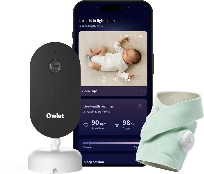 Dream Duo™ – Babyfoon met Camera HD en Baby Monitor met alarm – Meet Hartslag, Zuurstof & Slaapcyclus van 0 tot 18 maand – Medisch gecertificeerde Babyphone fra Owlet i Mint – produktbillede