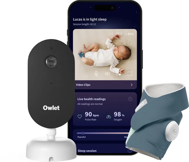 Dream Duo™ – Babyfoon met Camera HD en Baby Monitor met alarm – Meet Hartslag, Zuurstof & Slaapcyclus van 0 tot 18 maand – Medisch gecertificeerde Babyphone - Mint fra Owlet i Bedtime Blue – produktbillede