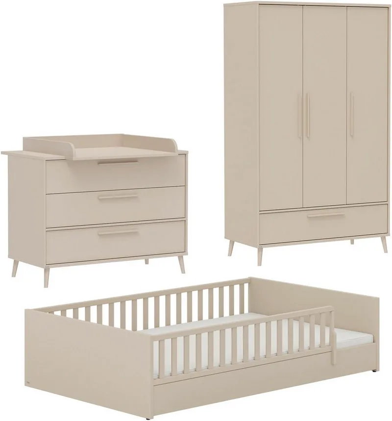 Babymöbel-Set LITTLE FLO, 4-teiliges Kinderzimmer in hochwertiges Komplettset, (Spar-Set, 4-tlg., 120x200cm Bodenbett, Kleiderschrank 3-türig, Wickelkommode & Aufsatz), Jugendzimmer, Soft-Close, mitwachsendes Bett - 3-fach umbaubar by Paidi in Beige – product photo