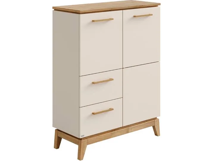 Highboard PAIDI STIENE in Beige oder Grau, 2 Schubladen und 2 Türen mit Soft-Close , cashmere, beige, eiche massiv, B:95cm H:123cm T:40cm, Holzwerkstoff, Massivholz, Sideboards, Highboard, stabiles Regal mit Massivholz, Standregal, geprüfte Qualität van Paidi – productfoto