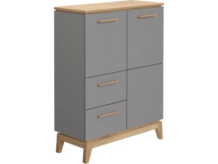Highboard PAIDI STIENE in Beige oder Grau, 2 Schubladen und 2 Türen mit Soft-Close , schiefergrau, eiche massiv, B:95cm H:123cm T:40cm, Holzwerkstoff, Massivholz, Sideboards, Highboard, stabiles Regal mit Massivholz, Standregal, geprüfte Qualität, Topsell van Paidi – productfoto