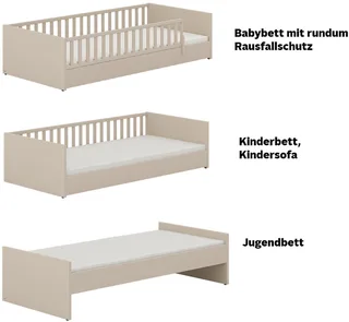 Kinderbett LITTLE FLO, vom Baby bis zum Teeni, in mehreren Farben und Breiten (Breite/Länge: 90x200cm + 120X200cm +140x200cm), umbaubar zum Kinder- oder Jugendbett, Bodenbett auch als Sofa nutzbar von Paidi in Beige – Produktfoto 4 von 4