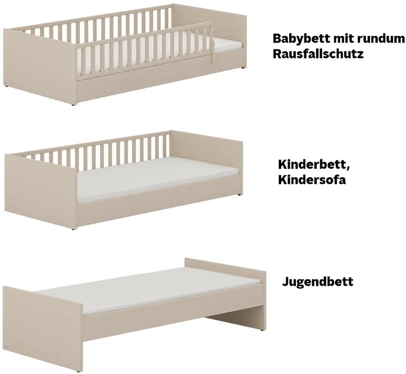 Kinderbett LITTLE FLO, vom Baby bis zum Teeni, in mehreren Farben und Breiten (Breite/Länge: 90x200cm + 120X200cm +140x200cm), umbaubar zum Kinder- oder Jugendbett, Bodenbett auch als Sofa nutzbar von Paidi in Beige – Produktfoto 4 von 4
