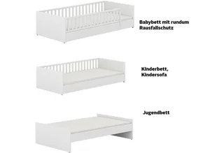 Kinderbett LITTLE FLO, vom Baby bis zum Teeni, in mehreren Farben und Breiten (Breite/Länge: 90x200cm + 120X200cm +140x200cm), umbaubar zum Kinder- oder Jugendbett, Bodenbett auch als Sofa nutzbar von Paidi in Weiß – Produktfoto 4 von 4