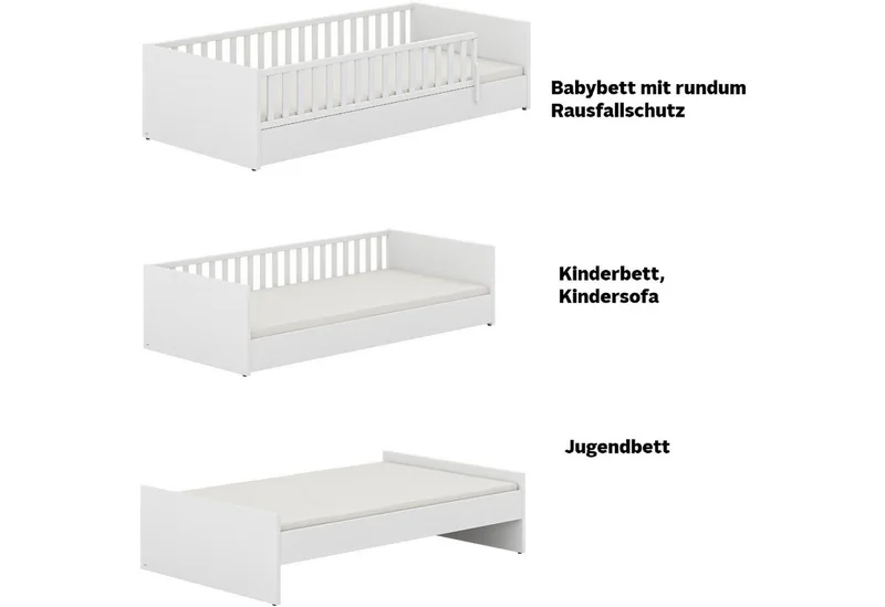 Kinderbett LITTLE FLO, vom Baby bis zum Teeni, in mehreren Farben und Breiten (Breite/Länge: 90x200cm + 120X200cm +140x200cm), umbaubar zum Kinder- oder Jugendbett, Bodenbett auch als Sofa nutzbar von Paidi in Weiß – Produktfoto 4 von 4