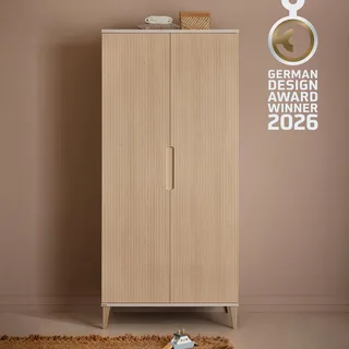 Kleiderschrank JONTE in Beige & Eichefarben mit gerillten Türen, verschiedene Größen (B/H/T ca. 95-141/164-207/40-56cm, mit 2 oder 3 Türen + Tiny-Variante) stabiler Drehtürenschrank mit Massivholz-Füßen, Soft-Close-Funktion från Paidi i Beige, Brun – produktbild 1 av 5
