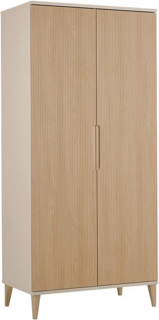 Kleiderschrank JONTE in Beige & Eichefarben mit gerillten Türen, verschiedene Größen (B/H/T ca. 95-141/164-207/40-56cm, mit 2 oder 3 Türen + Tiny-Variante) stabiler Drehtürenschrank mit Massivholz-Füßen, Soft-Close-Funktion från Paidi i Beige, Brun – produktbild 2 av 5