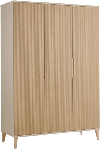 Kleiderschrank JONTE in Beige & Eichefarben mit gerillten Türen, verschiedene Größen (B/H/T ca. 95-141/164-207/40-56cm, mit 2 oder 3 Türen + Tiny-Variante) stabiler Drehtürenschrank mit Massivholz-Füßen, Soft-Close-Funktion de Paidi en Beige, Marron – photo produit 2 sur 5