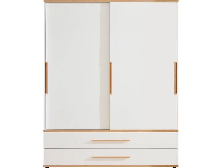 Kleiderschrank PAIDI YOLANDA in Weiß mit Eiche-Dekor, 2 Schiebetüren und 2 Schubladen , weiß (kreideweiß, eiche, montana), B:164cm H:206,8cm T:62cm, Schränke, Kleiderschrank, inkl. Kleiderstangen und Einlegeböden, Massivholz-Griffe, Soft-Close de Paidi – photo produit