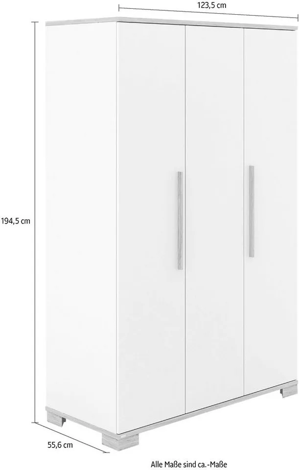 Kleiderschrank YOLANDA in mit Eiche-Dekor, 3 Türen mit Soft-Close inkl. Kleiderstangen und Einlegeböden, Massivholz-Griffe van Paidi in Wit – productfoto 5 van 5