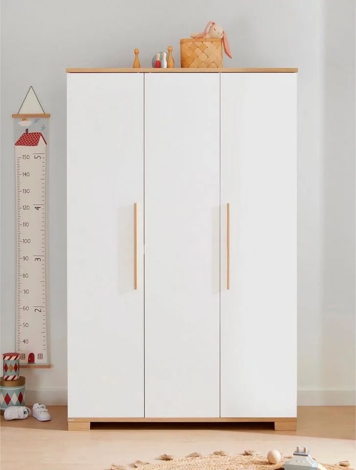 Kleiderschrank YOLANDA in mit Eiche-Dekor, 3 Türen mit Soft-Close inkl. Kleiderstangen und Einlegeböden, Massivholz-Griffe van Paidi in Wit – productfoto 2 van 5
