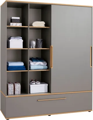 Schiebetürenschrank STIENE in Beige oder 2 Türen und 1 Schublade mit Soft-Close (B/H/T ca. 164/200/62cm) mit Kleiderstangen+Einlegeböden, Kleiderschrank mit Massivholzgriffen de Paidi en Gris – photo produit 4 sur 5