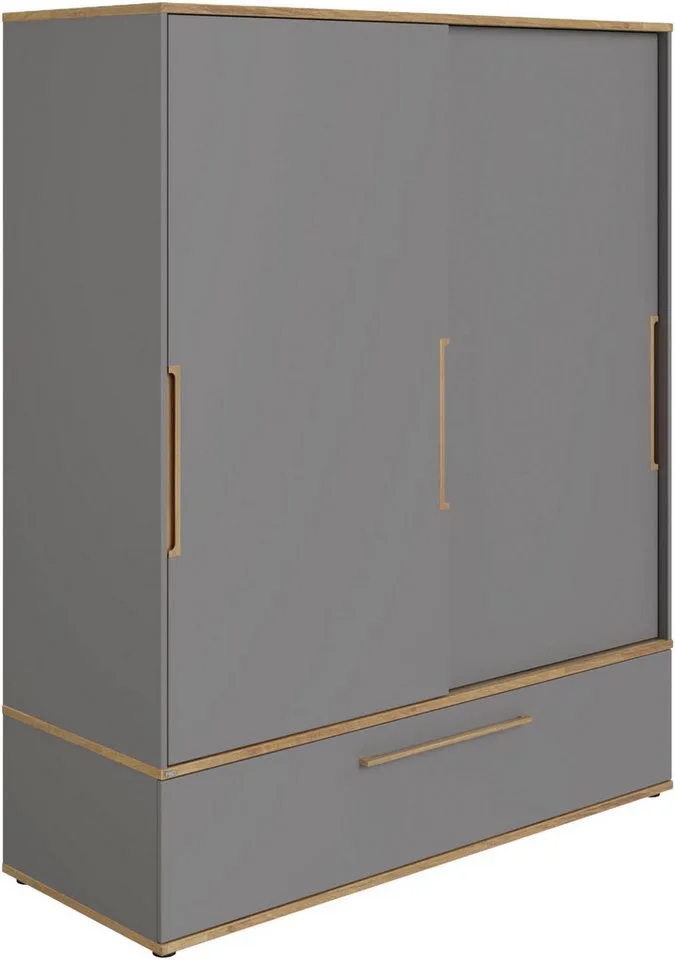 Schiebetürenschrank STIENE in Beige oder 2 Türen und 1 Schublade mit Soft-Close (B/H/T ca. 164/200/62cm) mit Kleiderstangen+Einlegeböden, Kleiderschrank mit Massivholzgriffen de Paidi en Gris – photo produit 1 sur 5