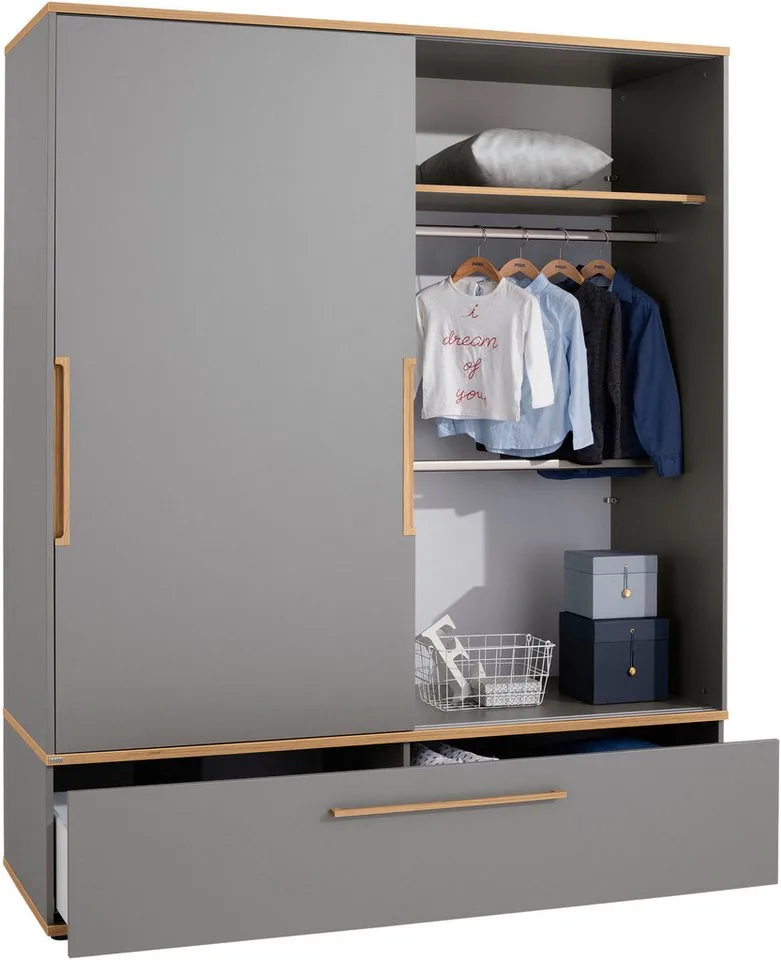 Schiebetürenschrank STIENE in Beige oder 2 Türen und 1 Schublade mit Soft-Close (B/H/T ca. 164/200/62cm) mit Kleiderstangen+Einlegeböden, Kleiderschrank mit Massivholzgriffen de Paidi en Gris – photo produit 3 sur 5