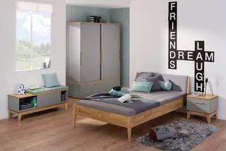 Schiebetürenschrank STIENE in Beige oder 2 Türen und 1 Schublade mit Soft-Close (B/H/T ca. 164/200/62cm) mit Kleiderstangen+Einlegeböden, Kleiderschrank mit Massivholzgriffen de Paidi en Gris – photo produit 2 sur 5