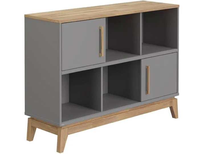 Sideboard PAIDI STIENE in Beige oder Grau, 6 Fächer und 2 Schiebetüren mit Soft-Close , grau (schiefergrau, eiche massiv), B:124cm H:91cm T:40cm, Holzwerkstoff, Massivholz, Sideboards, Sideboard, stabiles Regal mit Massivholz, Standregal, geprüfte Qualitä van Paidi – productfoto