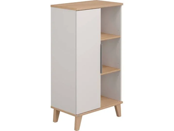 Standregal PAIDI FIENE in Grau mit Tür und 6 Fächern, 66x120x40cm , grau (kieselgrau, scandinavian wood), B:120cm H:66cm T:40cm, Regale, Standregal, stabiles und langlebiges Regal aus Holz, Tür links/rechts montierbar van Paidi – productfoto