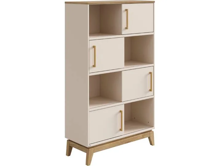 Standregal PAIDI STIENE in Beige oder Grau, 8 Fächer, 4 Schiebetüren mit Soft-Close , beige (cashmere, beige, eiche massiv), B:95cm H:161cm T:40cm, Holzwerkstoff, Massivholz, Regale, Standregal, modernes und langlebiges Regal mit Massivholz, Highboard, To van Paidi – productfoto