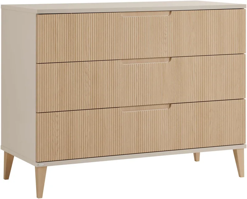 Wickelkommode JONTE in Beige & Eichefarben, 3 Schubladen mit Soft-Close, Vollauszug, Kommode 124 cm Breite, Wickeltisch mit Massivholz-Füßen by Paidi in Beige, Brown – product photo 2 of 5