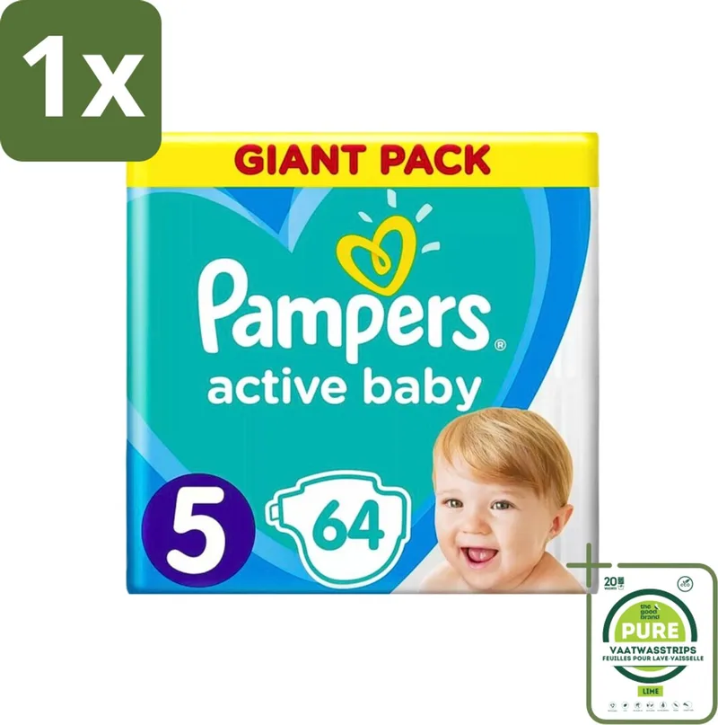 1 x Pampers - Active Baby - Luiers - Maat 5 (11-16 kg) - Zachte Pasvorm - 64 Luiers - Pampers Active Baby - Luiers Maat 5 - Babyluiers - Zachte Pasvorm - Luchtdoorlatende Luiers by Pampers – product photo