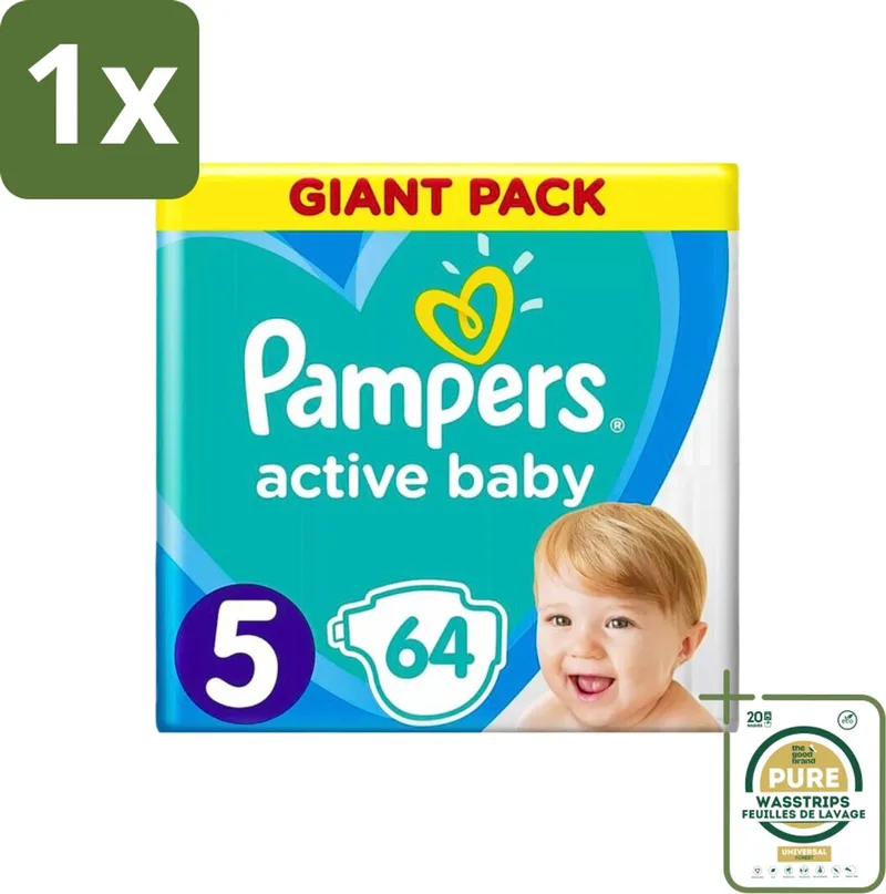 1 x Pampers - Active Baby - Luiers - Maat 5 (11-16 kg) - Zachte Pasvorm - 64 Luiers- Luiers Voor Baby - Droge Huid - Luchtdoorlatende Banen - Absoluut Droge Nacht - Dermatologisch Getest van Pampers – productfoto
