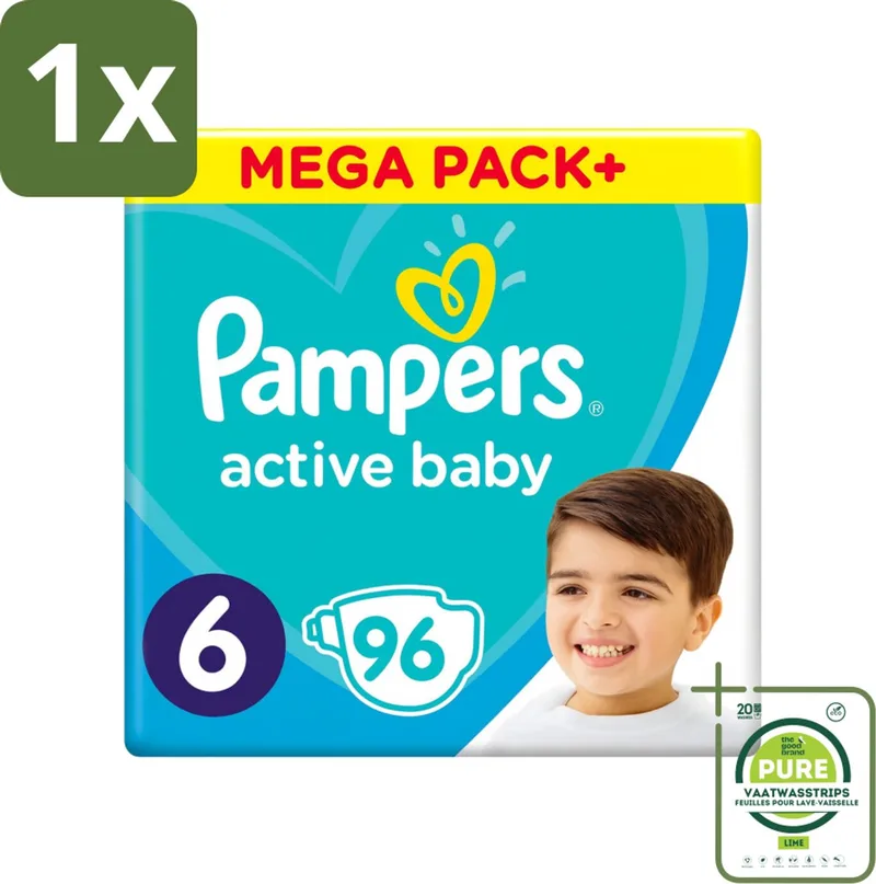 1 x Pampers - Active Baby - Luiers - Maat 6 (13-18 kg) - Extra Groot - 96 Luiers - Pampers Luiers - Baby Luiers - Luiers Maat 6 - Luiers Voor Actieve Baby's - Luiers Voor Peuters by Pampers – product photo