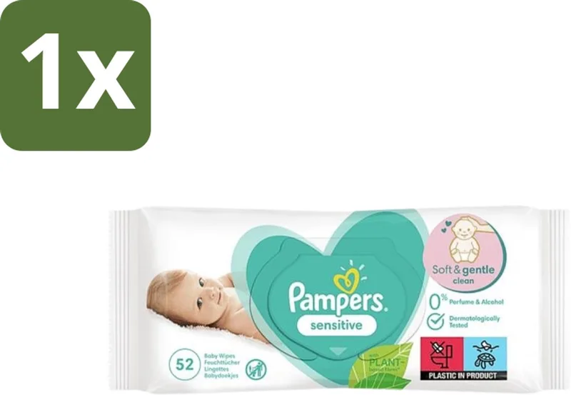 1 x Pampers – Babydoekjes – Sensitive – 52 Doekjes - Babydoekjes - Gevoelige Huid - Pasgeboren Baby - Zachte Reiniging - Soft Grip Texture från Pampers – produktbild