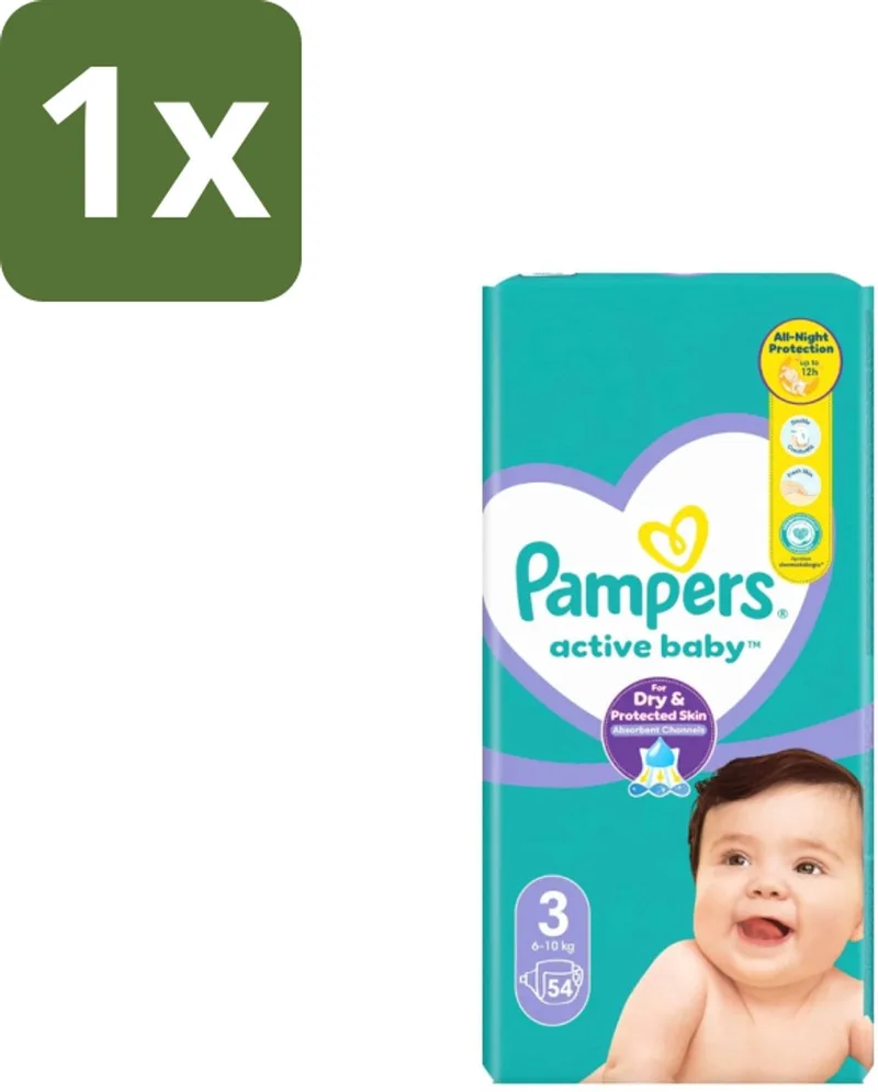 1 x Pampers – Luiers – Active Baby Maat 3 – 54 Luiers - Baby Luiers - Droge Nacht - Luchtdoorlatende Luier - Vocht Absorberend - Dermatologisch Getest de Pampers – photo produit