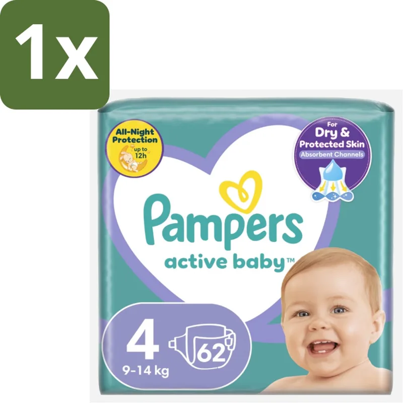 1 x Pampers – Luiers – Active Baby Maat 4 (9-14 kg) – 62 Luiers - Luiers Voor Baby - Droge Luiers - Superabsorberende Luiers - Anti-lek Luiers - Zachte Luiers by Pampers – product photo