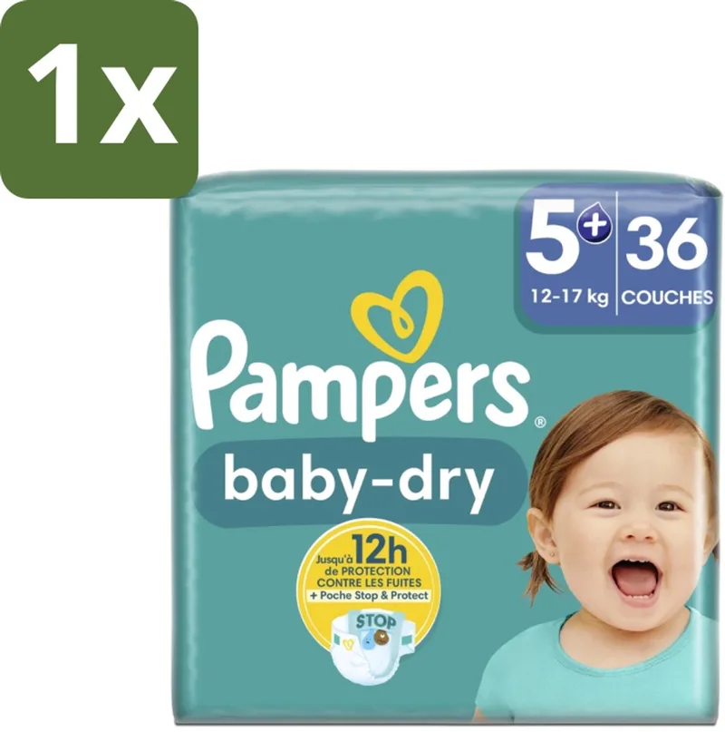 1 x Pampers – Luiers – Baby-Dry Maat 5+ (12-17 kg) – 36 Luiers - Baby-luiers - Droge Huid - Droge Luiers - Baby Droogheid - Droge Luier de Pampers – photo produit