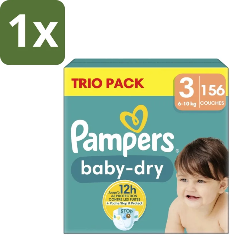 1 x Pampers – Luiers – Baby-Dry Trio Pack Maat 3 (6-10 kg) – 156 Luiers - Baby Luiers - Droge Luiers - Anti-lek Luiers - Baby Droogheid - Nachtluier van Pampers – productfoto