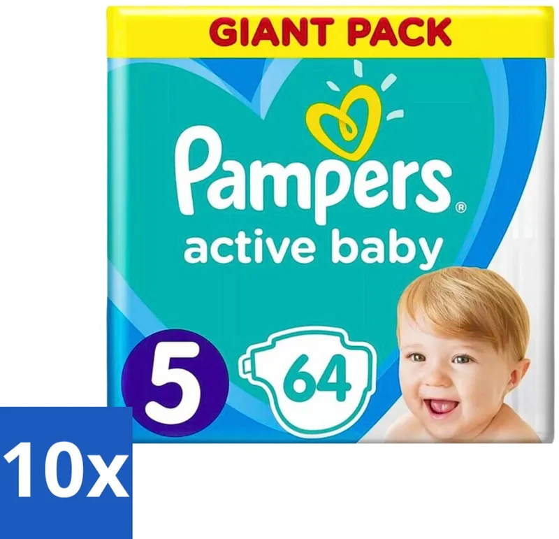 10 x Pampers - Active Baby - Luiers - Maat 5 (11-16 kg) - Zachte Pasvorm - 64 Luiers - Luiers Voor Baby - Droge Huid - Luchtdoorlatende Banen - Absoluut Droge Nacht - Dermatologisch Getest by Pampers – product photo