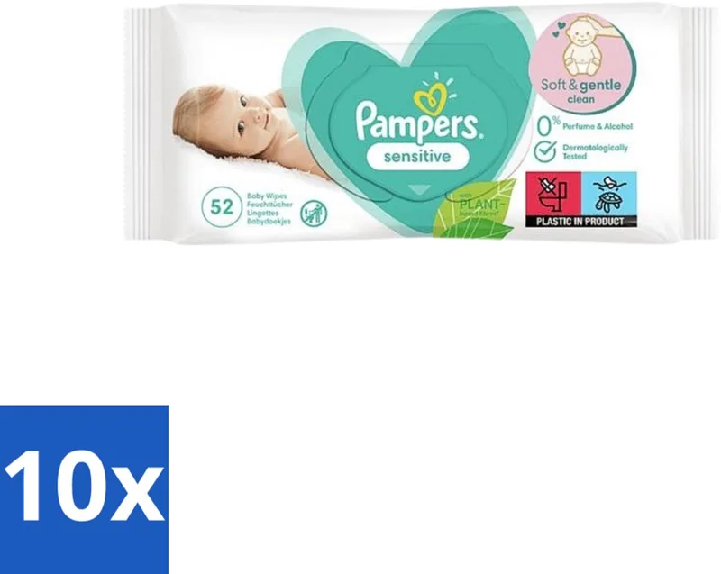 10 x Pampers – Babydoekjes – Sensitive – 52 Doekjes - Babydoekjes - Gevoelige Huid - Pasgeboren Baby - Zachte Reiniging - Soft Grip Texture by Pampers – product photo