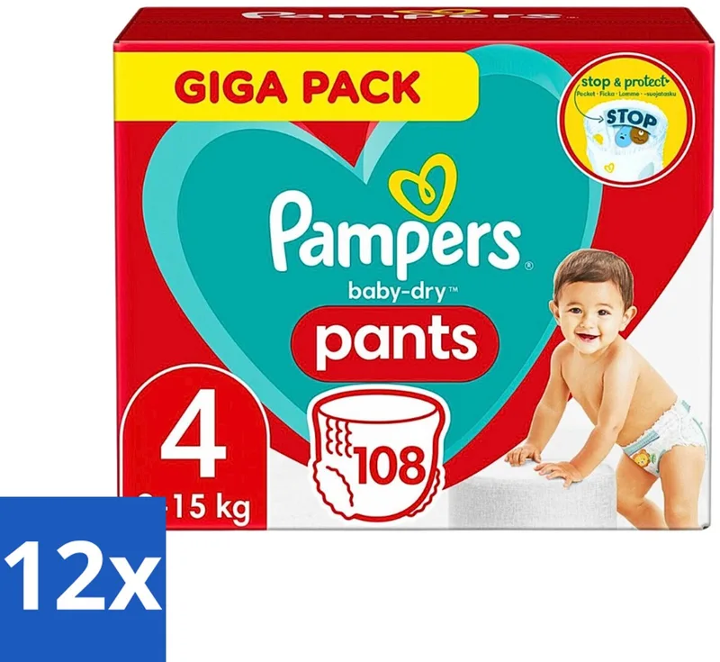 12 x Pampers - Baby-Dry Pants - Luierbroekjes - Maat 4 (9-15 kg) - Comfort Fit - 108 Luiers by Pampers – product photo