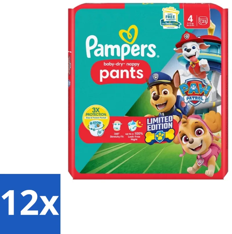 12 x Pampers – Luierbroekjes – Baby Dry Pants Paw Patrol Maat 4 – 25 Luiers - Baby Luier - Luierbroek - Droge Luier - Luier Voor Baby - Luier Broek by Pampers – product photo