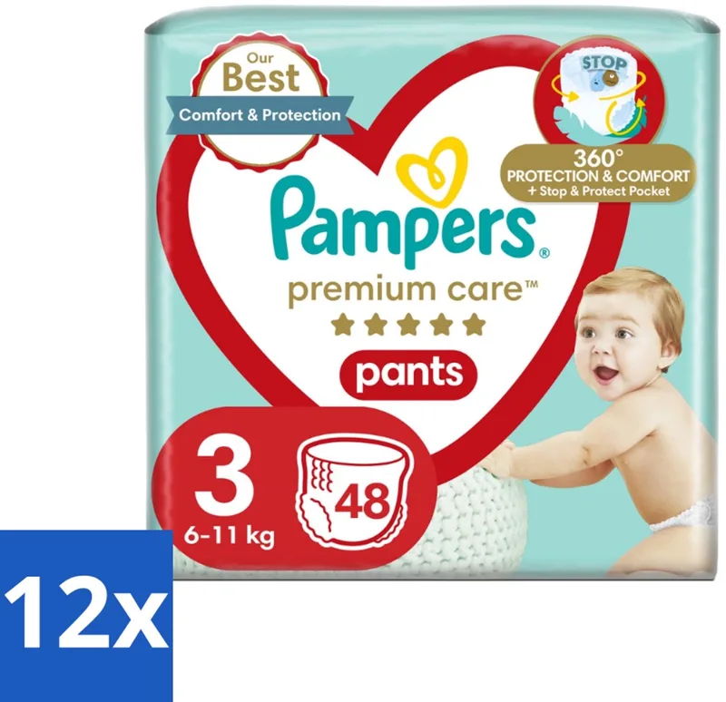 12 x Pampers – Luierbroekjes – Premium Care Pants Maat 3 – 48 Luiers - Luier - Luierbroek - Luier Voor Baby - Luier Voor Kind - Droge Billetjes by Pampers – product photo