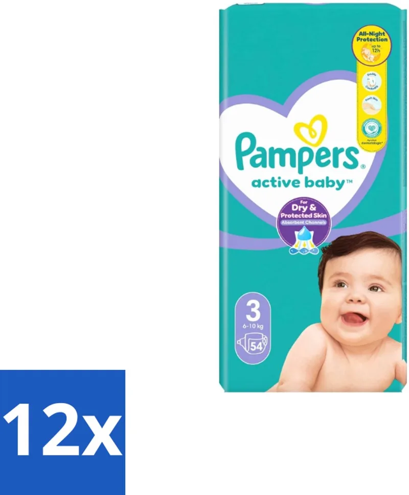 12 x Pampers – Luiers – Active Baby Maat 3 – 54 Luiers - Baby Luiers - Droge Nachten - Vocht Absorberend - Luchtdoorlatend - Huid Bescherming fra Pampers – produktbillede