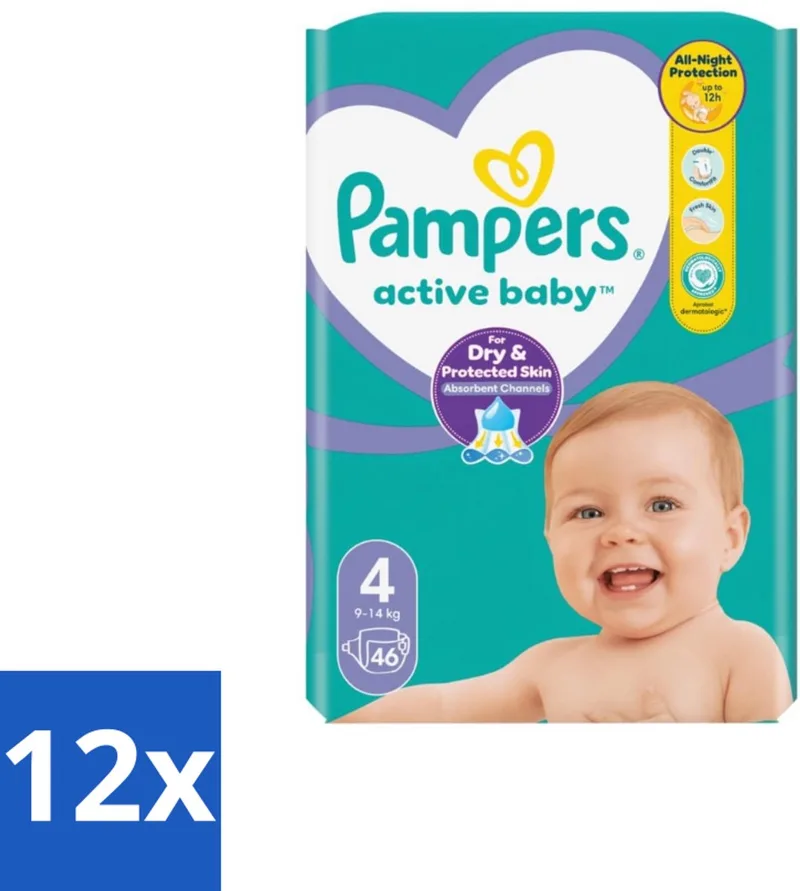 12 x Pampers – Luiers – Active Baby Maat 4 – 46 Luiers - Baby Luier - Baby Droog - Baby Luchtdoorlatend - Baby Comfort - Baby Nacht by Pampers – product photo