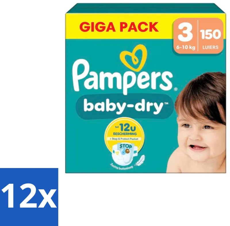 12 x Pampers – Luiers – Baby Dry Maat 3 – 150 Luiers - Baby-dry Luiers - Lekken Voorkomen - Droge Nachten - Comfortabele Luiers - Stop En Bescherm Pocket by Pampers – product photo
