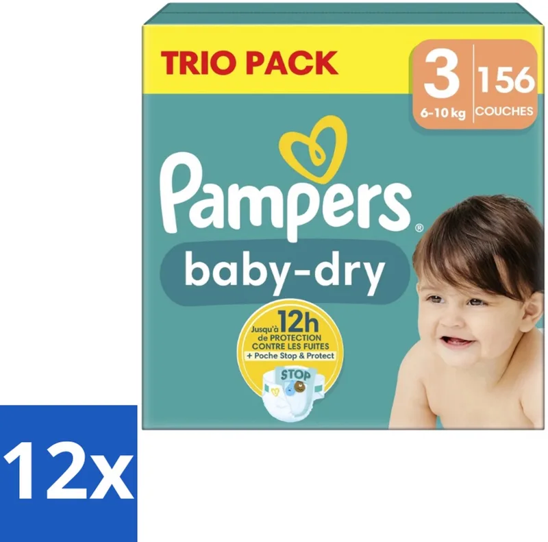 12 x Pampers – Luiers – Baby-Dry Trio Pack Maat 3 (6-10 kg) – 156 Luiers - Baby Luiers - Droge Luiers - Anti-lek Luiers - Baby Droogheid - Nachtluier de Pampers – photo produit