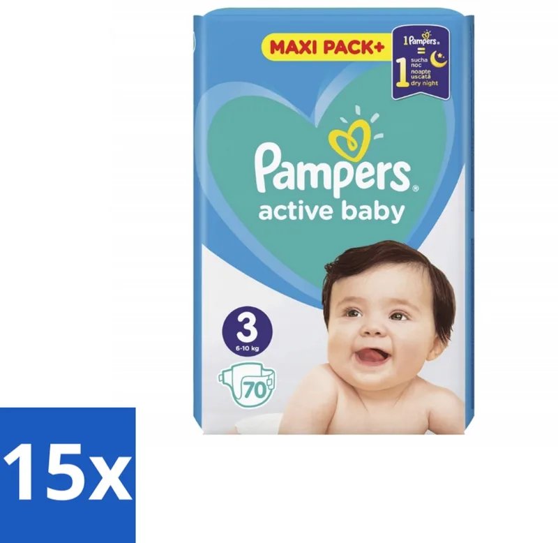 15 x Pampers – Luiers – Active Baby Maat 3 – 70 Luiers - Baby-luiers - Droge Billetjes - Huidbescherming - Luchtdoorlatende Luiers - Absorberende Luiers van Pampers – productfoto