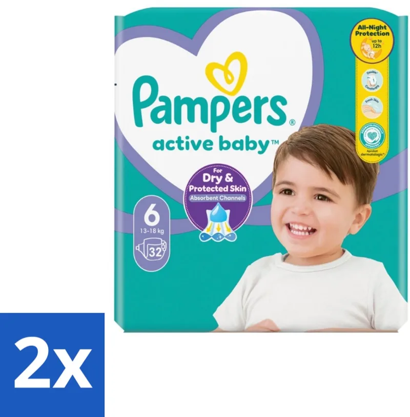 2 x Pampers Active Baby Luiers Maat 6 (13-18 kg) 32 stuks per verpakking - Baby Luiers - Bescherming Tegen Doorlekken - Bewegingsvrijheid - Comfort - Droogheid de Pampers – photo produit