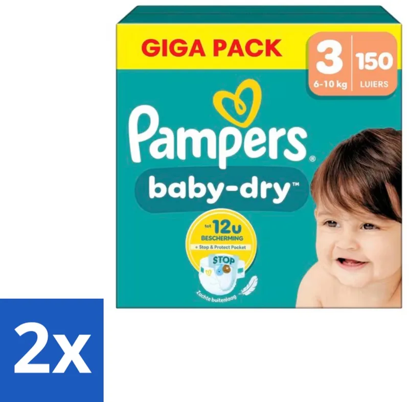 2 x Pampers – Luiers – Baby Dry Maat 3 – 150 Luiers - Baby-dry Luiers - Lekken Voorkomen - Droge Nachten - Comfortabele Luiers - Stop En Bescherm Pocket by Pampers – product photo