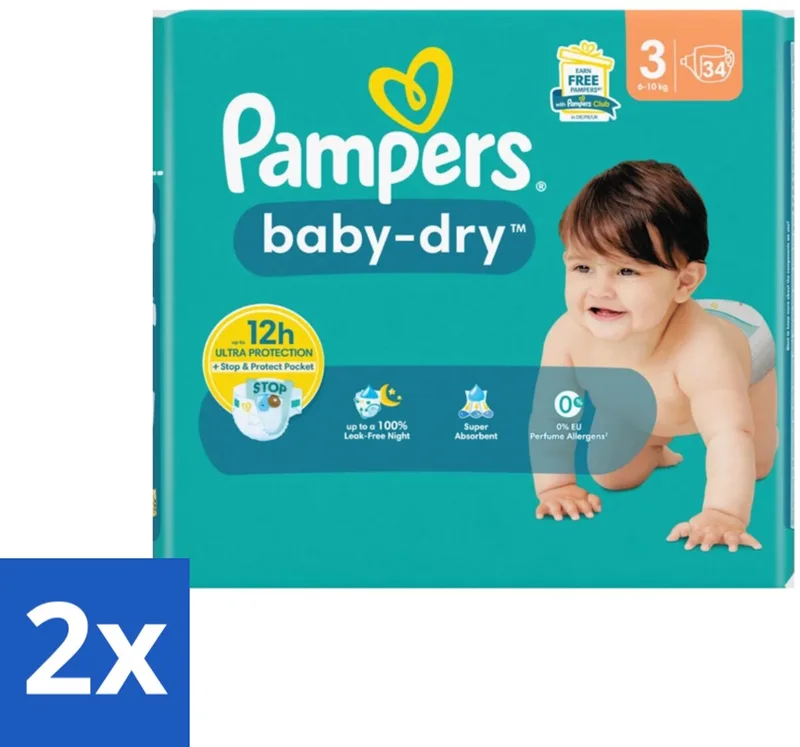 2 x Pampers – Luiers – Baby-Dry Maat 3 (6-10 kg) – 34 Luiers - Babyluier - Babydouche - Droge Luier - Luier Voor Baby - Luier 3 Kg van Pampers – productfoto
