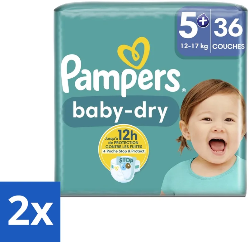2 x Pampers – Luiers – Baby-Dry Maat 5+ (12-17 kg) – 36 Luiers - Baby-luiers - Droge Huid - Droge Luiers - Baby Droogheid - Droge Luier de Pampers – photo produit
