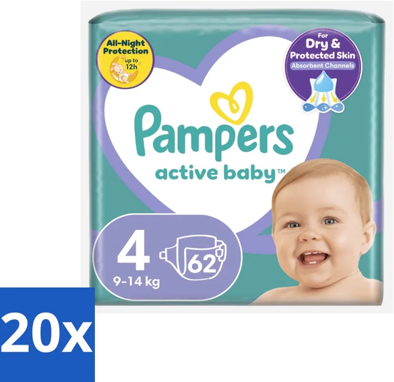 20 x Pampers – Luiers – Active Baby Maat 4 (9-14 kg) – 62 Luiers - Luiers Voor Baby - Droge Luiers - Superabsorberende Luiers - Anti-lek Luiers - Zachte Luiers by Pampers – product photo