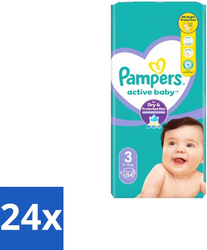 24 x Pampers – Luiers – Active Baby Maat 3 – 54 Luiers - Baby Luiers - Droge Nachten - Vocht Absorberend - Luchtdoorlatend - Huid Bescherming van Pampers – productfoto