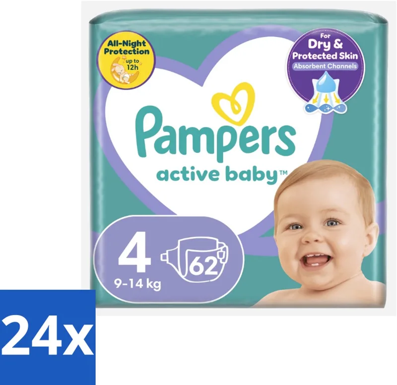 24 x Pampers – Luiers – Active Baby Maat 4 (9-14 kg) – 62 Luiers - Luiers Voor Baby - Droge Luiers - Actieve Baby - Superabsorberende Luiers - Anti-lek Luiers de Pampers – photo produit