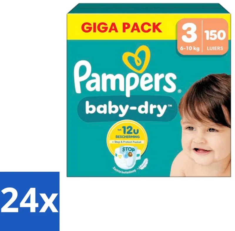 24 x Pampers – Luiers – Baby Dry Maat 3 – 150 Luiers - Baby-dry Luiers - Lekken Voorkomen - Droge Nachten - Comfortabele Luiers - Stop En Bescherm Pocket by Pampers – product photo